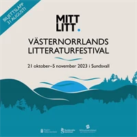 grafisk bild i blått av berg och skog, svarta bokstäver på vit botten